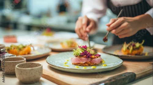 Modern food stylist decorating meal for presentation in restaurant