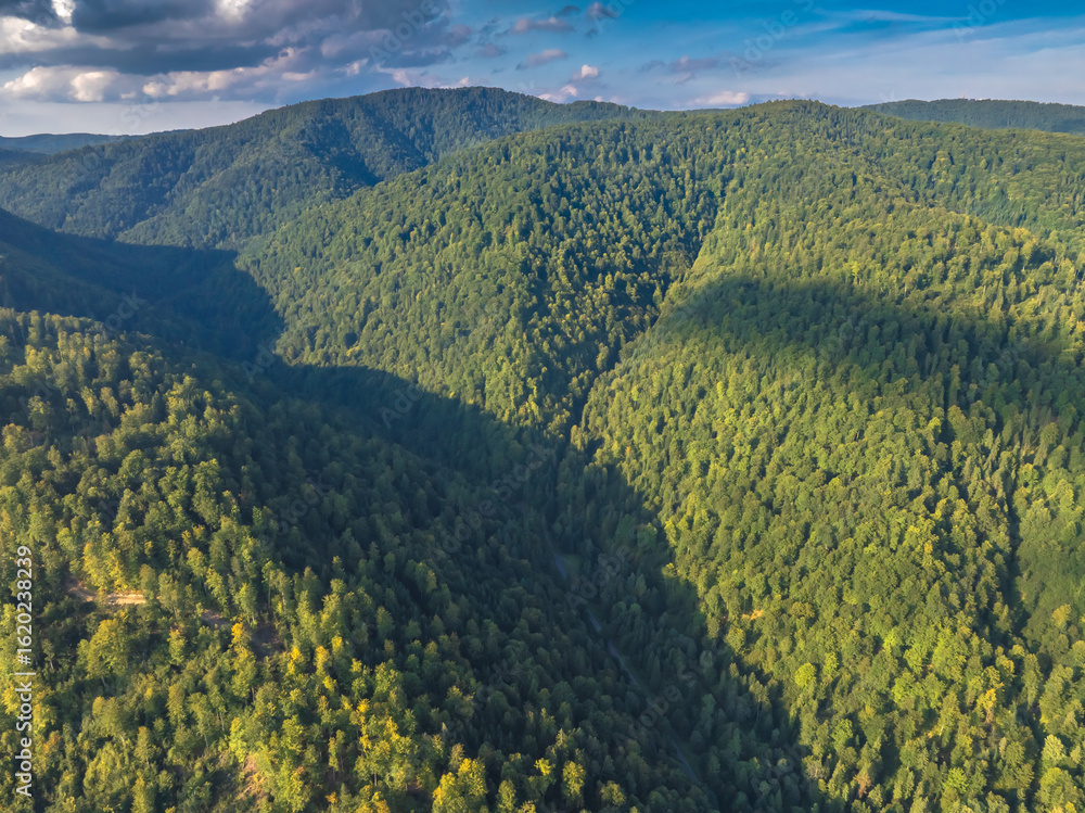 Fototapeta premium Lot nad Szczawnikiem o zachodzie słońca późnym latem.