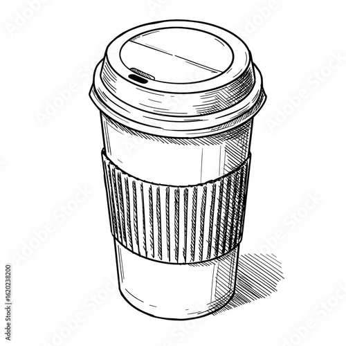 Sketch of disposable coffee cup with lid and sleeve on transparent background  