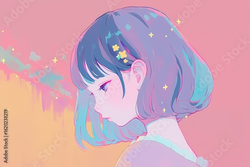 パステルカラーの女の子の横顔（イラスト・ファンタジー・背景・壁紙）