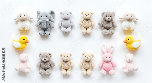 Charming flatlay of various cute miniature stuffed animal toys on a clean white background.