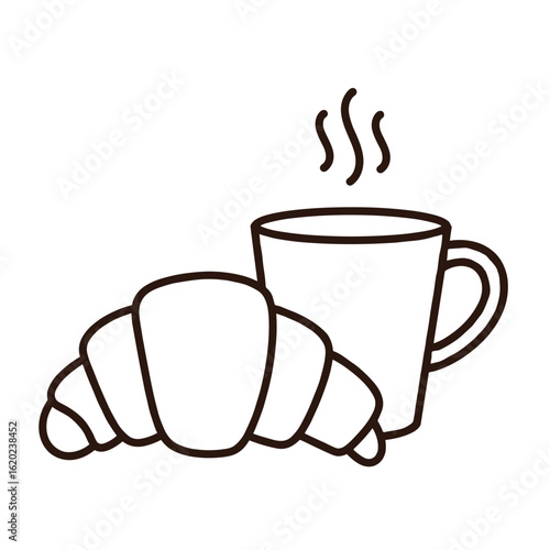 Croissant and steaming cup of coffee on transparent background  