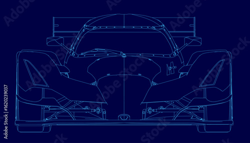 A sleek race car blueprint features detailed contours and aerodynamic lines on a vibrant blue background. The technical drawing highlights the car's sporty design with precision.