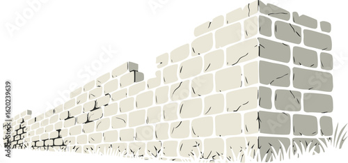 Old stone wall with grass illustration on transparent background