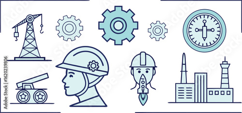Engineering and Industry Icons in Blue on Transparent Background