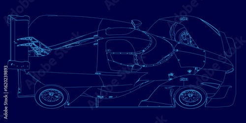 A sleek race car blueprint features detailed contours and aerodynamic lines on a vibrant blue background. The technical drawing highlights the car's sporty design with precision.