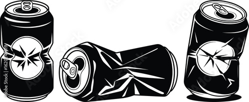 Crushed Soda Cans Vector Set, Black and White Cartoon Drink Icons.