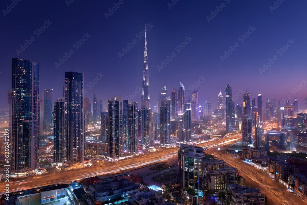 custom made wallpaper toronto digitalA panoramic view of the city skyline at night, illuminated by lights from skyscrapers and buildings, showcasing urban architecture against the dark blue sky. 