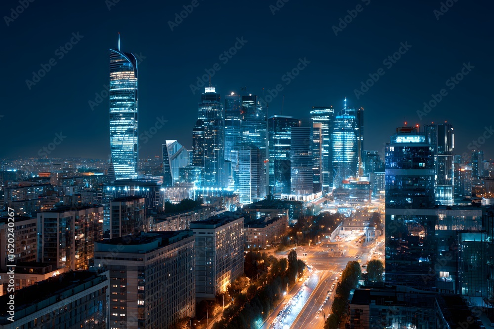 Fototapeta premium A panoramic view of the city skyline at night, illuminated by lights from skyscrapers and buildings, showcasing urban architecture against the dark blue sky. 