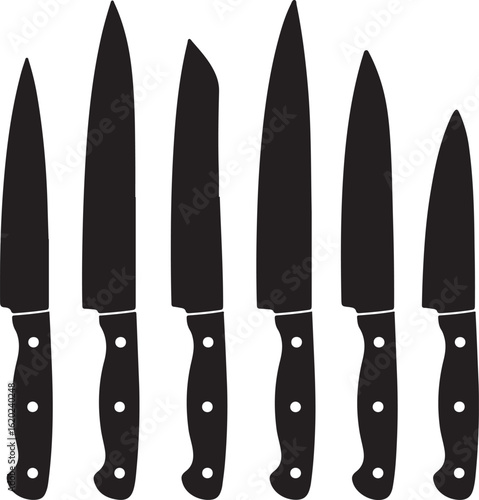 Assortment of six black kitchen knife silhouettes with different blade shapes and riveted handles