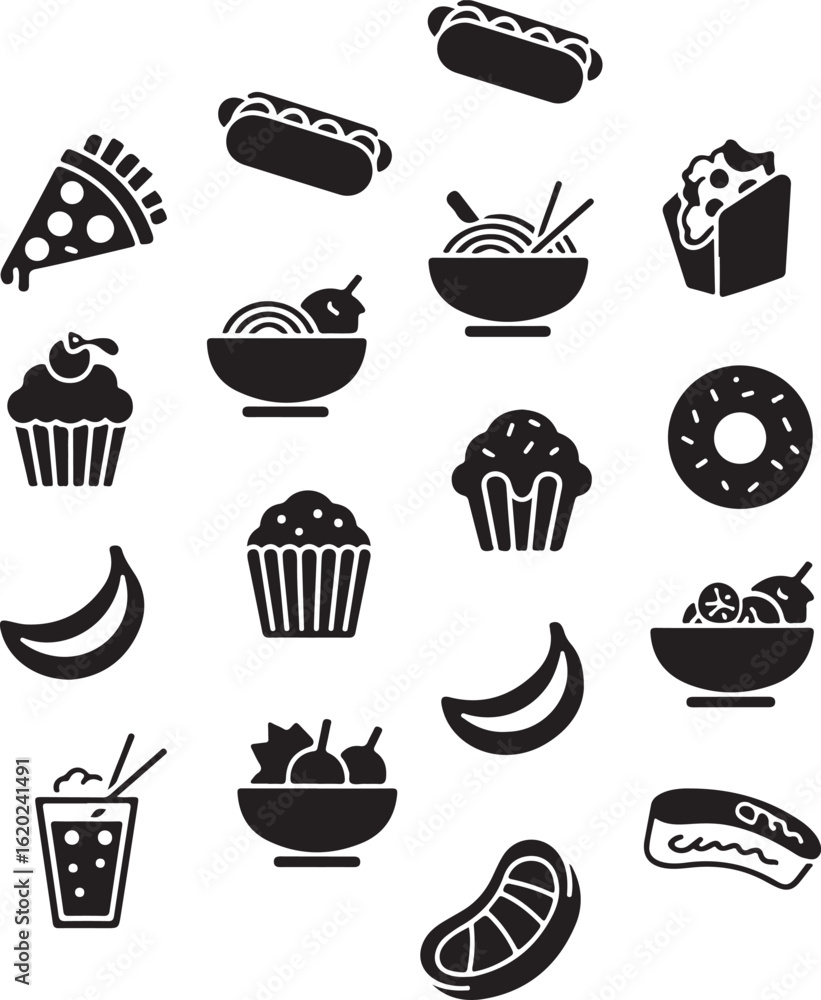 Fototapeta premium A diverse set of black food icons in a simple glyph style featuring fast food desserts fruit and meals
