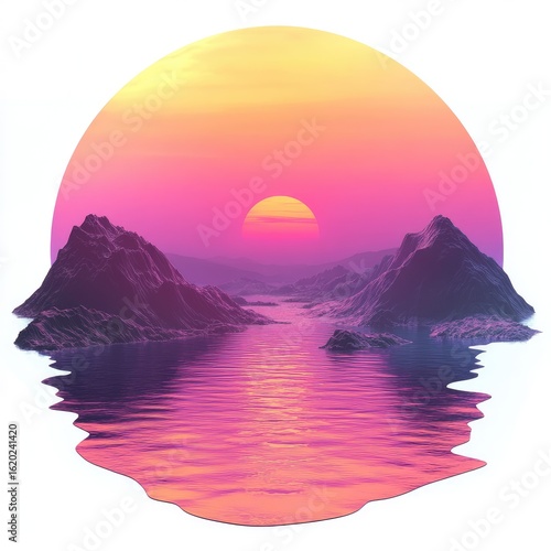 Retro Sunset Landscape: Circular Design Element