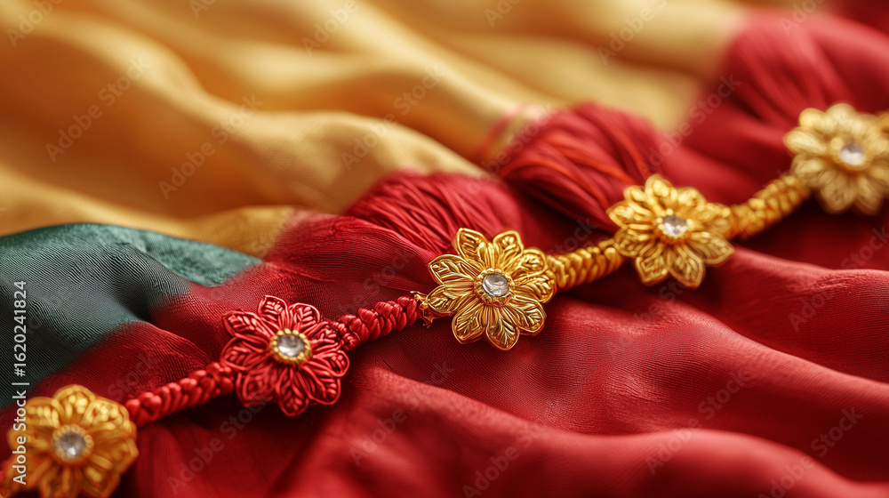 Fototapeta premium Raksha Bandhan, vibrant red and gold rakhi threads arranged artistically on silk fabric, copy space.