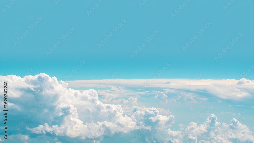 Fototapeta premium Photo of a breathtaking view of fluffy white clouds floating serenely in the clear blue sky, creating a peaceful and ethereal atmosphere on a beautiful summer day