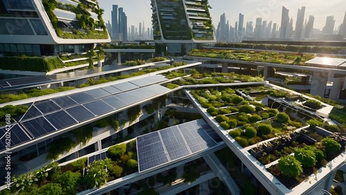 Sustainable Futuristic Cityscape: Green Buildings and Solar Power