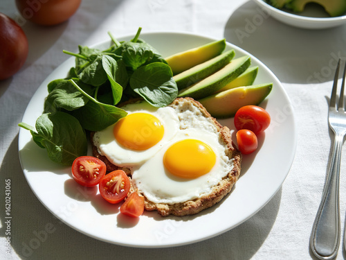 Healthy Breakfast Toast with Fried Egg, Spinach, and Avocado on Rustic Table