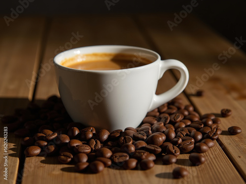 Sunlit Coffee Cup with Roasted Beans on Rustic Wooden Table