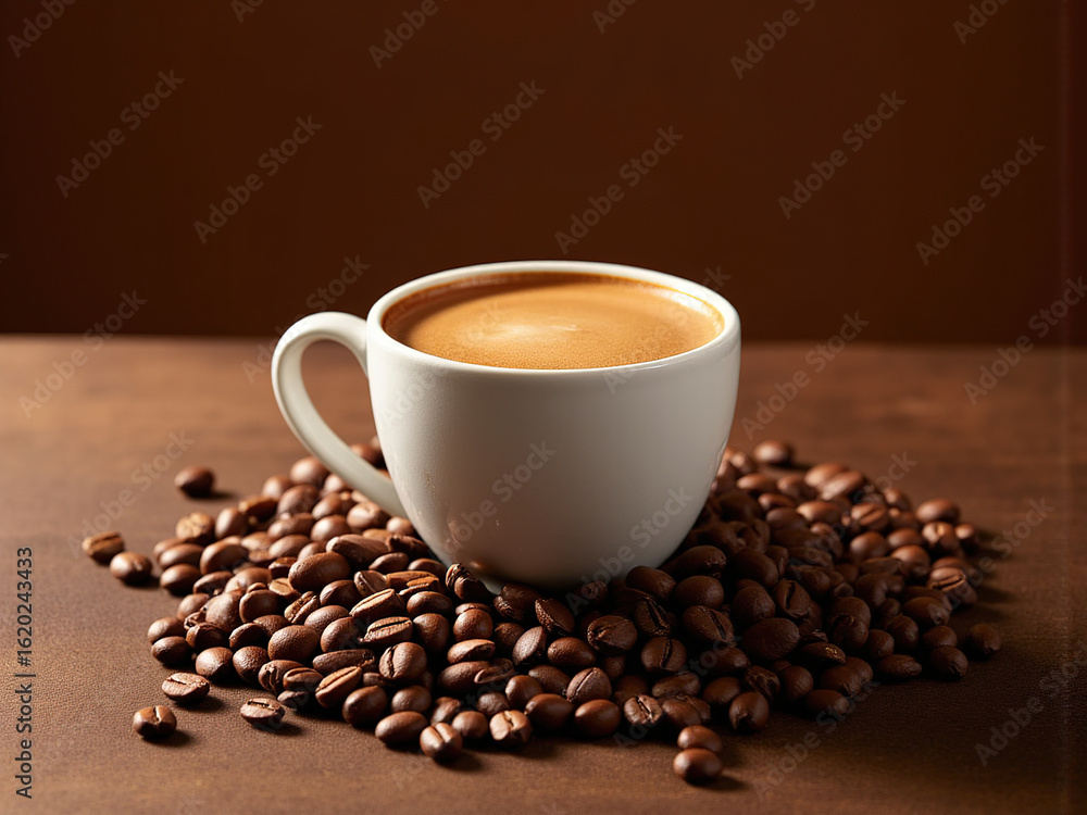 Fototapeta premium Sunlit Coffee Cup with Roasted Beans on Rustic Wooden Table