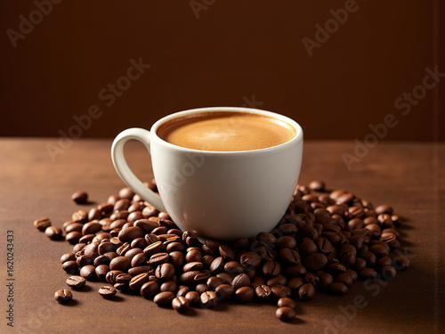 Sunlit Coffee Cup with Roasted Beans on Rustic Wooden Table