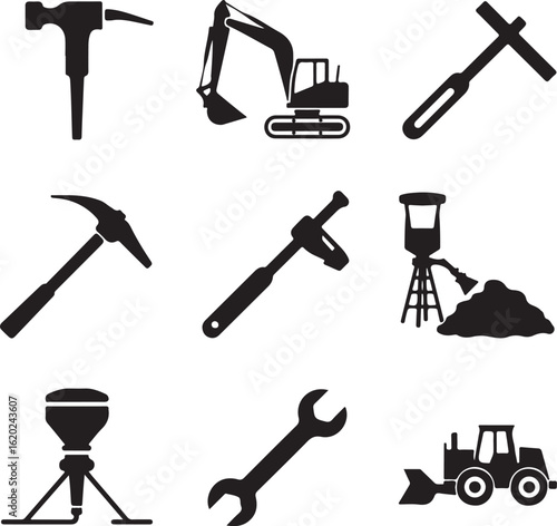 Set of nine black silhouette icons of construction tools and heavy machinery