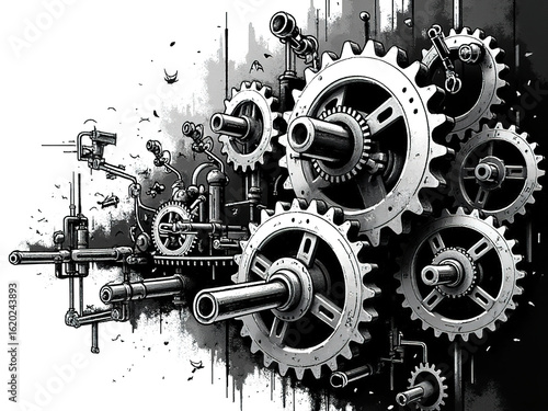 Monochrome Close - Up of Vintage Mechanical Gears in Industrial Machinery