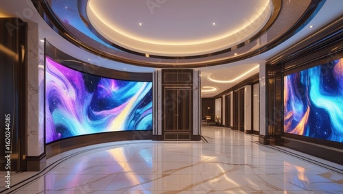 Modern Mansion Interior with Curved LED Screens and Marble Finish