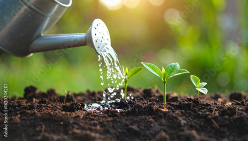 Watering young green plant in garden with metal watering can
