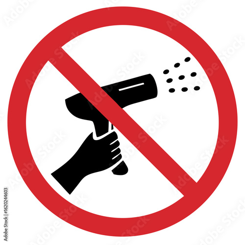 Prohibition sign against using hair dryers in humid environments with hand holding hair dryer icon