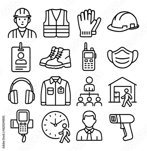 Cleaning supplies icons: broom, bucket, gloves, sponge, soap, vacuum, more