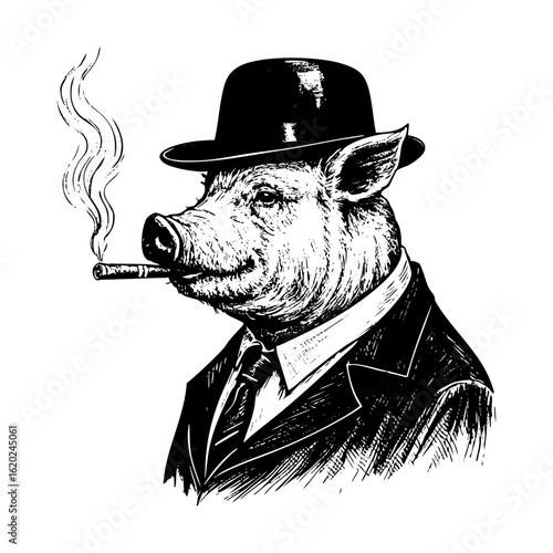 Pig wear top hat and smoking cigar engraving black and white outline. Scratch board imitation. illustrated in vintage line art style on a white background.