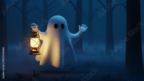 A playful cartoon ghost wanders through a shadowy forest at night holding a glowing lantern