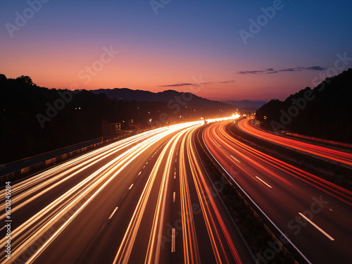Long - Exposure Car Light Trails on Dusk Highway With Mountain Backdrop