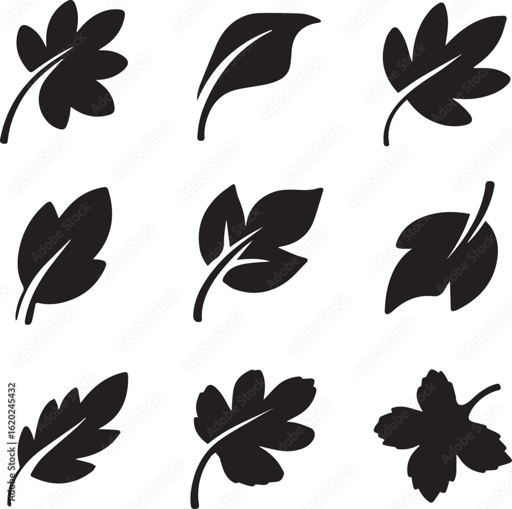 Fototapeta premium A varied set of nine black leaf icons showcasing different botanical shapes and styles