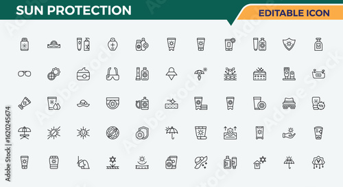 Set of Sun Protection line icon. Contains outline symbols like ray, skin, sunlight, protection, protect, summer. Minimal linear icons. Sunscreen icon. Editable vector illustration.