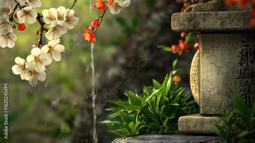 Cherry blossoms bloom near a stone lantern in a serene garden. Water drips gently from the flowers, surrounded by lush green plants.