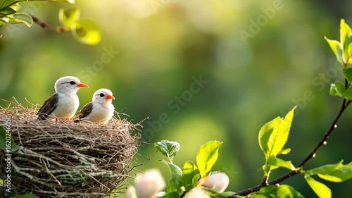 Two small birds with white feathers and orange beaks sit in a nest among green leaves. The scene captures a peaceful moment in nature.