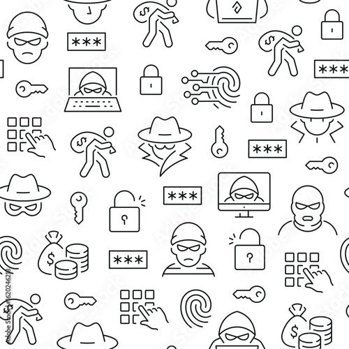 Seamless pattern with thief. Black and white thin line icons