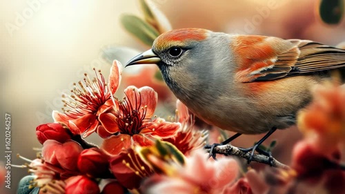 A small bird with orange and gray feathers perched on vibrant pink flowers. The scene captures the beauty of nature in spring.