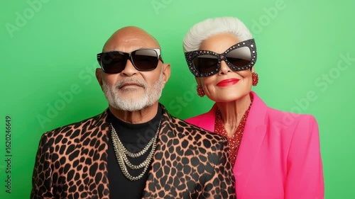 A senior African American man and a senior African American woman pose together. Both wear stylish sunglasses and fashionable outfits against a green background.