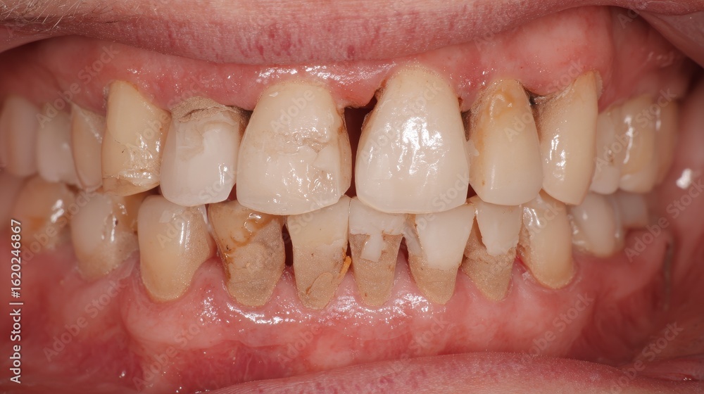 Obraz premium Close-up of upper dental arch showing severe enamel crown destruction on anterior teeth due to poor oral hygiene and advanced decay. Aesthetic and dental health concept with occlusal perspective