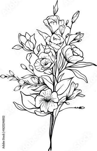 Detailed black and white bouquet with large blooms, fine lined leaves, and buds ideal for nature-themed content, botanical studies, or minimalist visual storytelling