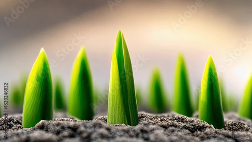 Green shoots emerging from soil, symbolizing growth and renewal. The scene captures a close-up view of young plants sprouting in a natural environment.