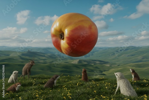 Whimsical surreal scene with fluffy animals gazing at a giant floating peach in a vibrant green landscape under a blue sky