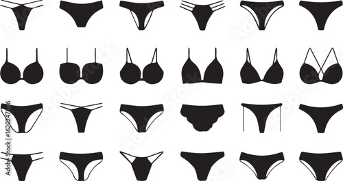 Collection of black silhouette icons featuring various styles of womens bikinis swimwear and lingerie