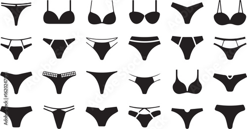 Set of black silhouette icons depicting various styles of womens lingerie including bras and panties