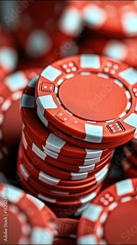 A close-up view of stacked red poker chips with white accents. The chips are arranged in a pile, showcasing their circular shape and vibrant color.