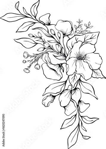 Detailed black and white bouquet with large blooms, fine lined leaves, and buds ideal for nature-themed content, botanical studies, or minimalist visual storytelling