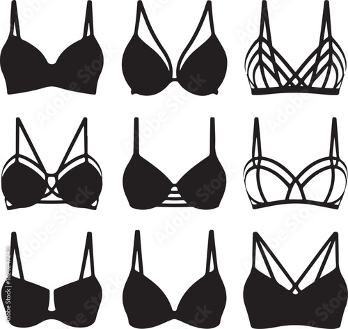 A diverse collection of nine womens bra silhouettes in black showcasing various modern and strappy designs