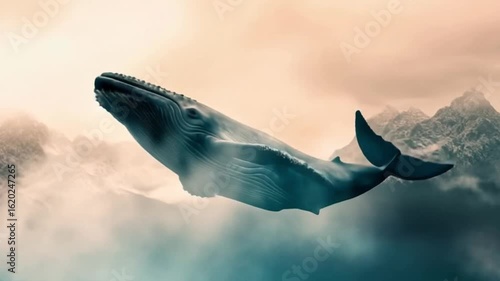 A large blue whale swims gracefully through a misty landscape with mountains in the background. The scene captures the majesty of marine life in a surreal environment.