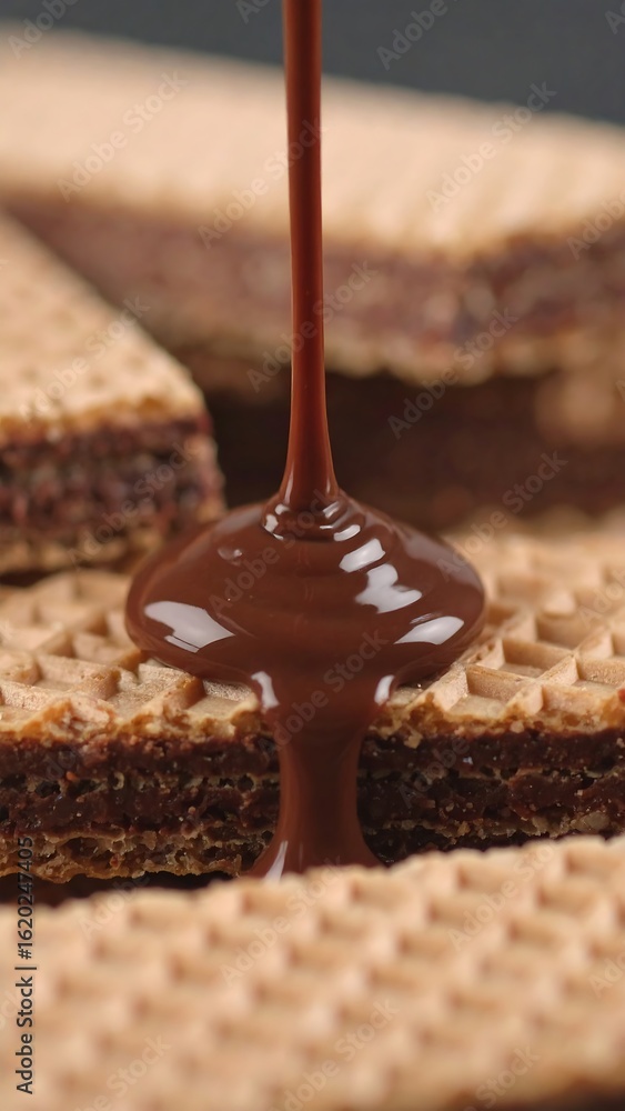 Obraz premium Melted chocolate pouring over wafers